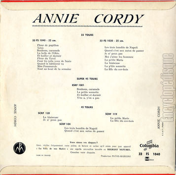 [Pochette de Fleur de papillon (Annie CORDY) - verso]