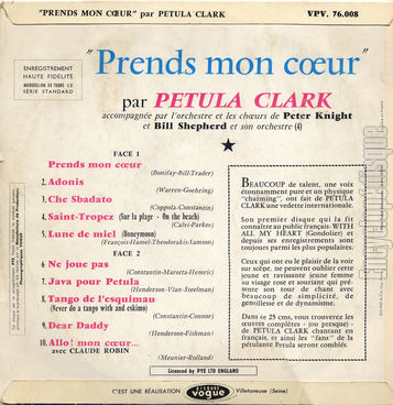 [Pochette de Prends mon cœur (Petula CLARK) - verso]