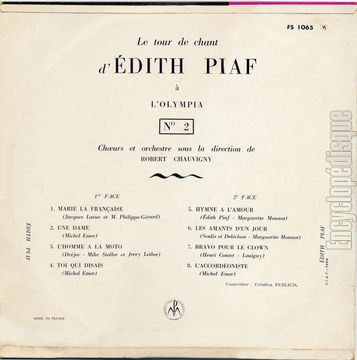 [Pochette de Le tour de chant d’dith Piah  l’Olympia - n2 (dith PIAF) - verso]