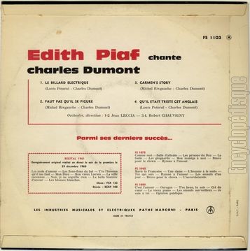 [Pochette de Quatre chansons de Charles Dumont (dith PIAF) - verso]