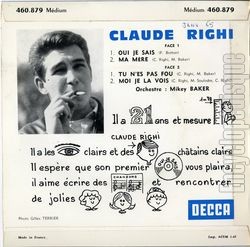 [Pochette de Oui, je sais (Claude RIGHI) - verso]