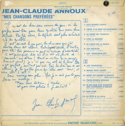 [Pochette de Mes chansons prfres (Jean-Claude ANNOUX) - verso]