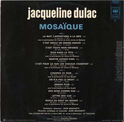 [Pochette de Mosaque (Jacqueline DULAC) - verso]