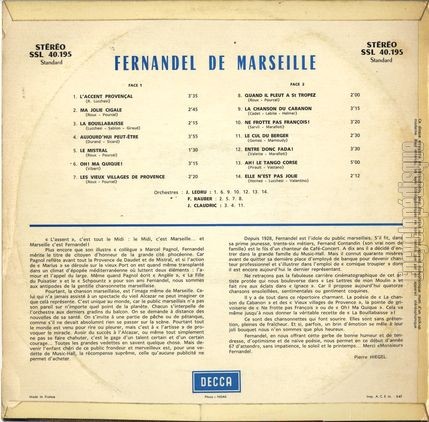 [Pochette de Fernandel de Marseille (FERNANDEL) - verso]