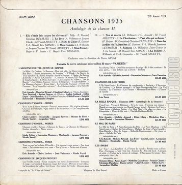 [Pochette de Chansons 1925 (COMPILATION) - verso]