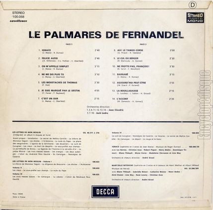 [Pochette de Le palmars de Fernandel (FERNANDEL) - verso]