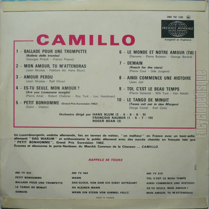 [Pochette de Ballade pour une trompette, Amour perdu, Demain (CAMILLO) - verso]