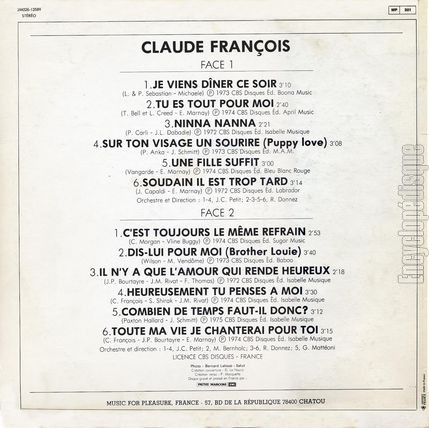 [Pochette de Vol. 1 (Claude FRANOIS) - verso]