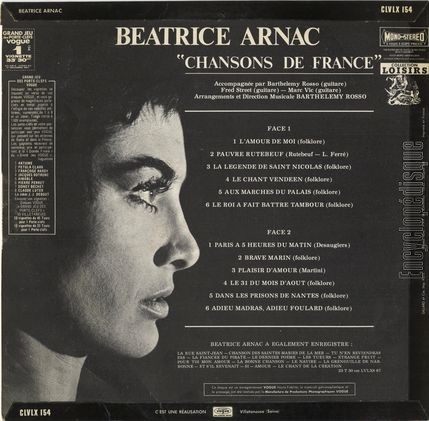 [Pochette de Chansons de France (Batrice ARNAC) - verso]