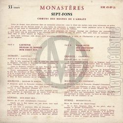 [Pochette de Chœur des moines trappistes de l’abbaye de Sept-Fons  Chansons de la rue  (RELIGION) - verso]