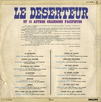 [Pochette de Le dserteur et 13 autres chansons pacifistes (COMPILATION) - verso]