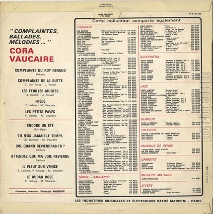 [Pochette de Complaintes, ballades, mlodies (Cora VAUCAIRE) - verso]