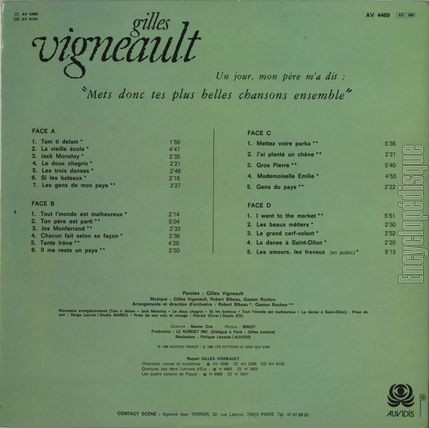 [Pochette de Un jour mon pre m’a dit : "Mets donc tes plus belles chansons ensemble" (Gilles VIGNEAULT) - verso]