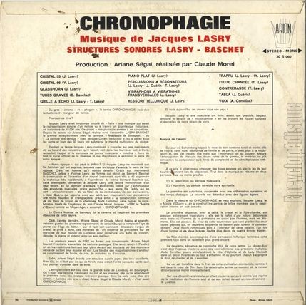 [Pochette de Chronophagie (Les structures sonores LASRY-BASCHET) - verso]