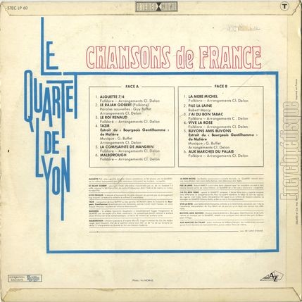 [Pochette de Chansons de France (Le QUARTET DE LYON) - verso]