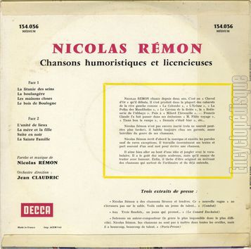 [Pochette de Chansons humoristiques et licensieuses (Nicolas REMON) - verso]