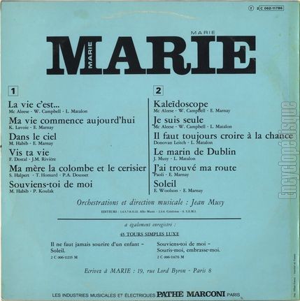 [Pochette de Marie (MARIE (alias de Marie-France DUFOUR)) - verso]