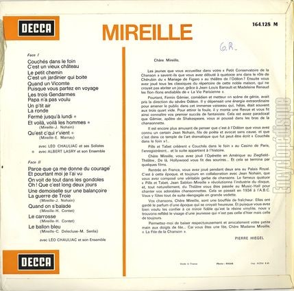 [Pochette de Couchs dans le foin, Un p’tit air, La ronde… (MIREILLE) - verso]