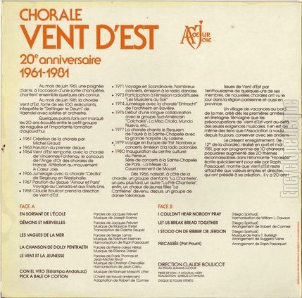 [Pochette de 20 me anniversaire 1961-1981 (Chorale VENT D’EST) - verso]