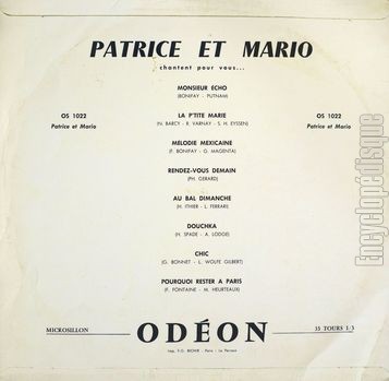 [Pochette de Monsieur Echo, Douchka, Chic… (PATRICE et MARIO) - verso]