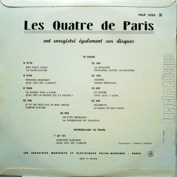 [Pochette de Si tu ne veux pas de mon amour, Le musicien, Istambul… (Les 4 de Paris (LES QUATRE DE PARIS)) - verso]