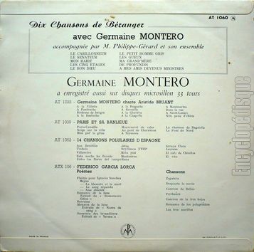 [Pochette de Dix chansons de Branger (Germaine MONTERO) - verso]