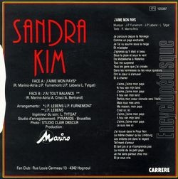 [Pochette de J’aime mon pays (Sandra KIM) - verso]