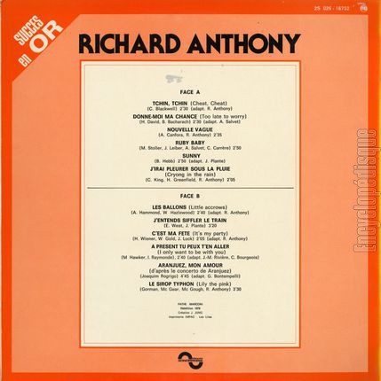 [Pochette de Succs en or (Richard ANTHONY) - verso]