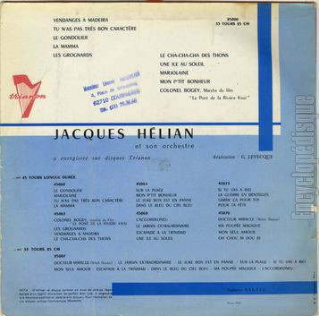 [Pochette de Vendanges  Madeira / Tu n’as pas trs bon caractre / Le gondolier… (Jacques HLIAN) - verso]