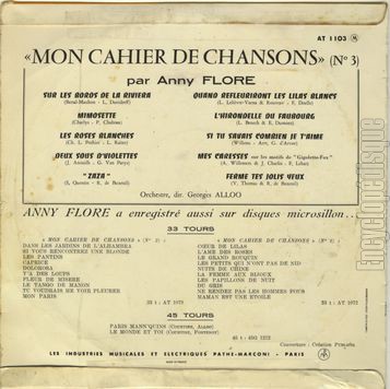 [Pochette de Mon cahier de chansons n 3 (Anny FLORE) - verso]