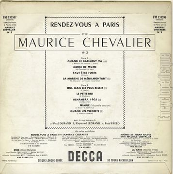 [Pochette de Rendez-vous  Paris - 2 - (Maurice CHEVALIER) - verso]