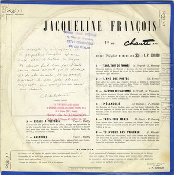 [Pochette de Jacqueline Franois chante ses derniers succs - 1re srie - (Jacqueline FRANOIS) - verso]