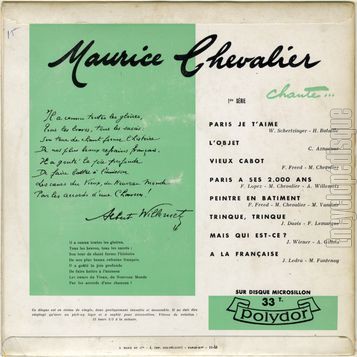 [Pochette de Chante ses derniers succs - 1re srie (Maurice CHEVALIER) - verso]