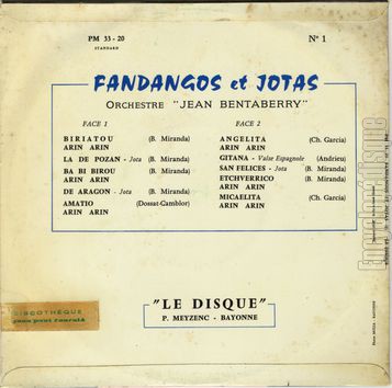 [Pochette de Fandangos et jotas (Jean BENTABERRY) - verso]